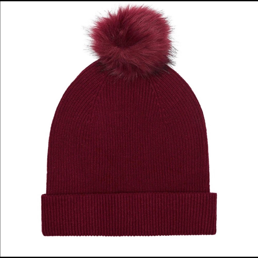 Reiss Burgundy Pom-Pom Slouchy Knit Wool Beanie